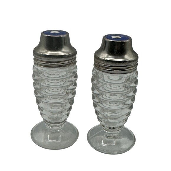 Vintage Hazel Atlas Ribbed Glass Salt & Pepper Shakers With Metal Lids - Picture 1 of 4